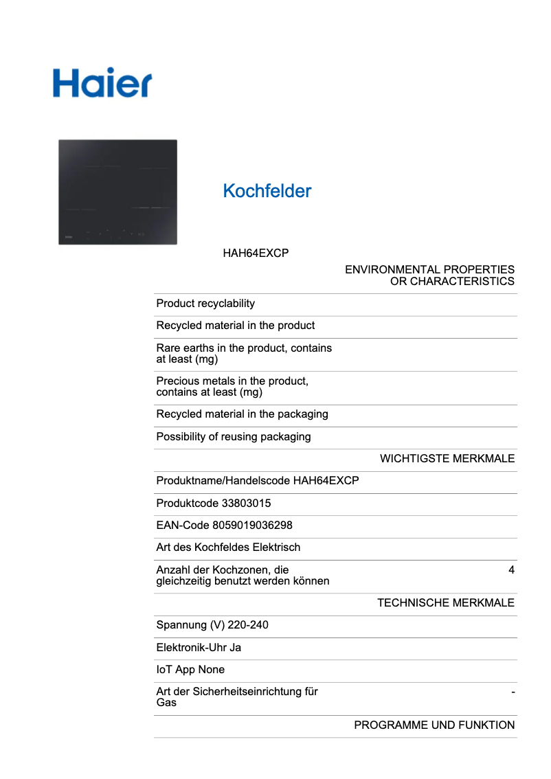 Image de la première page du manuel de l'appareil HAH64EXCP