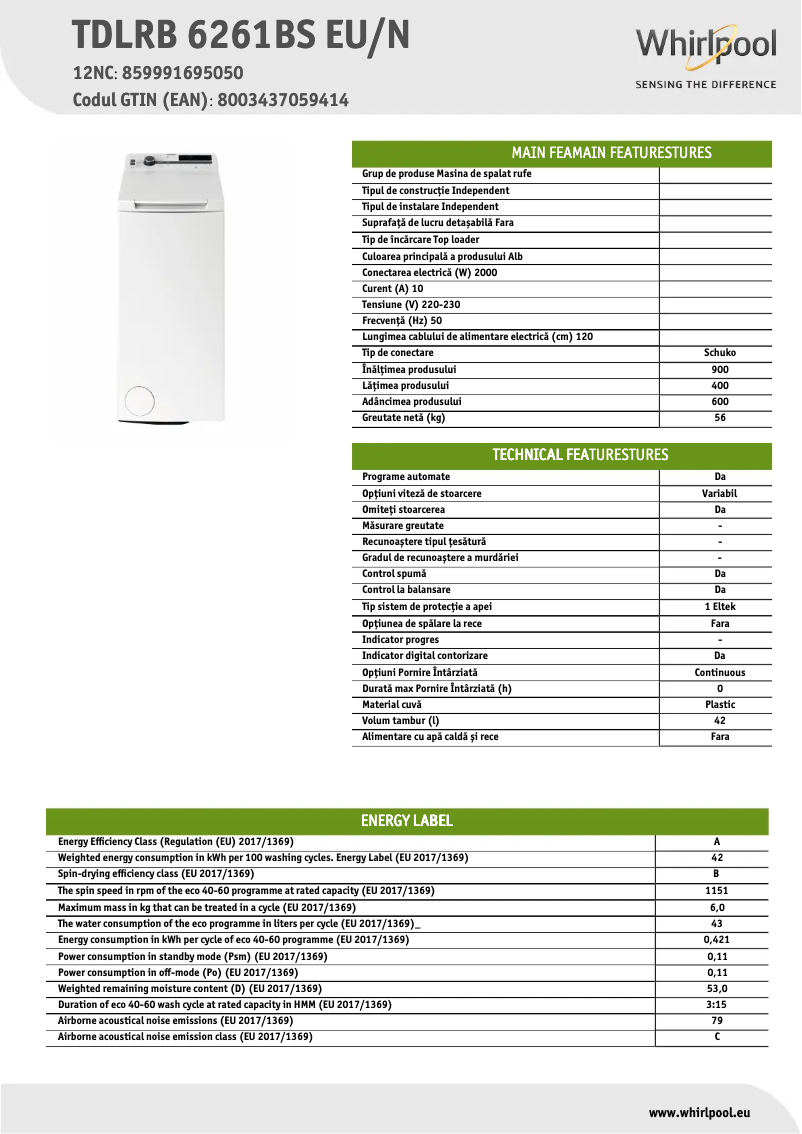 Page 1 de la notice Fiche technique Whirlpool TDLRB 6261BS EU/N