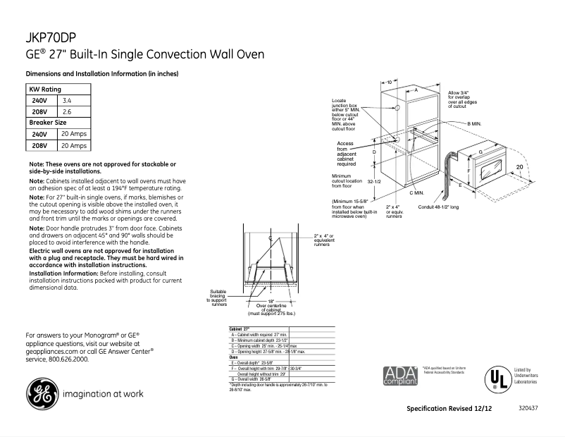 Page 1 of the manual Technical Sheet GE JKP70DPWW