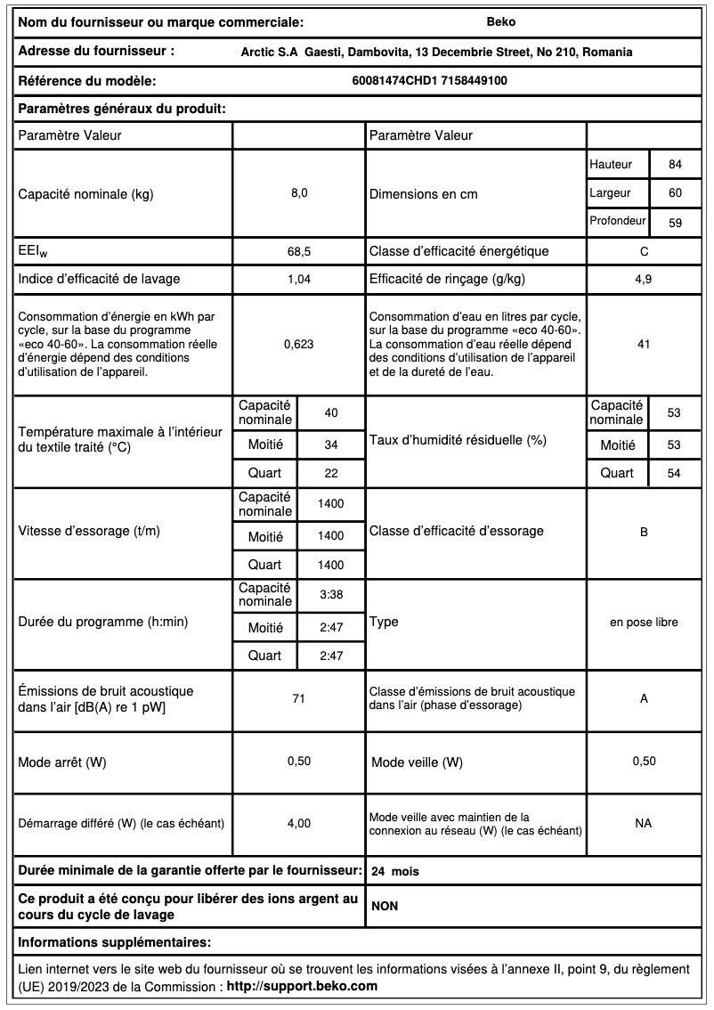 Page 1 de la notice Fiche technique Beko 60081474CHD1