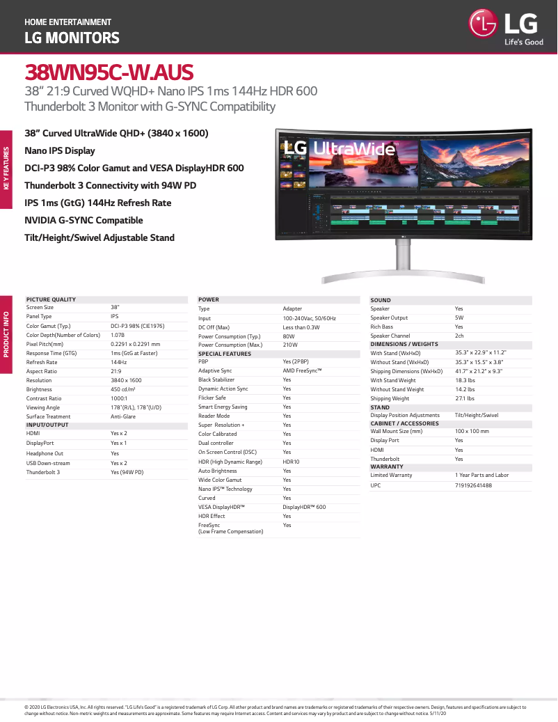 Page 1 of the manual Technical Sheet LG UltraWide 38WN95C