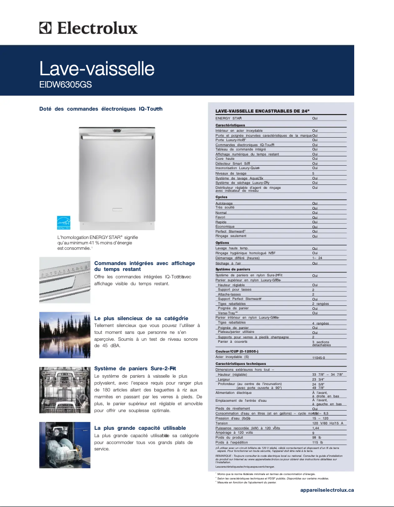Page 1 de la notice Fiche technique Electrolux EIDW6305GS