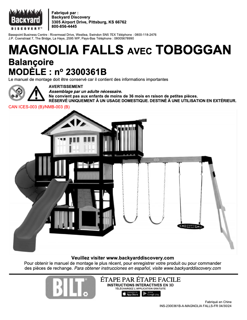 Page 1 de la notice Manuel utilisateur Backyard Discovery Magnolia Falls
