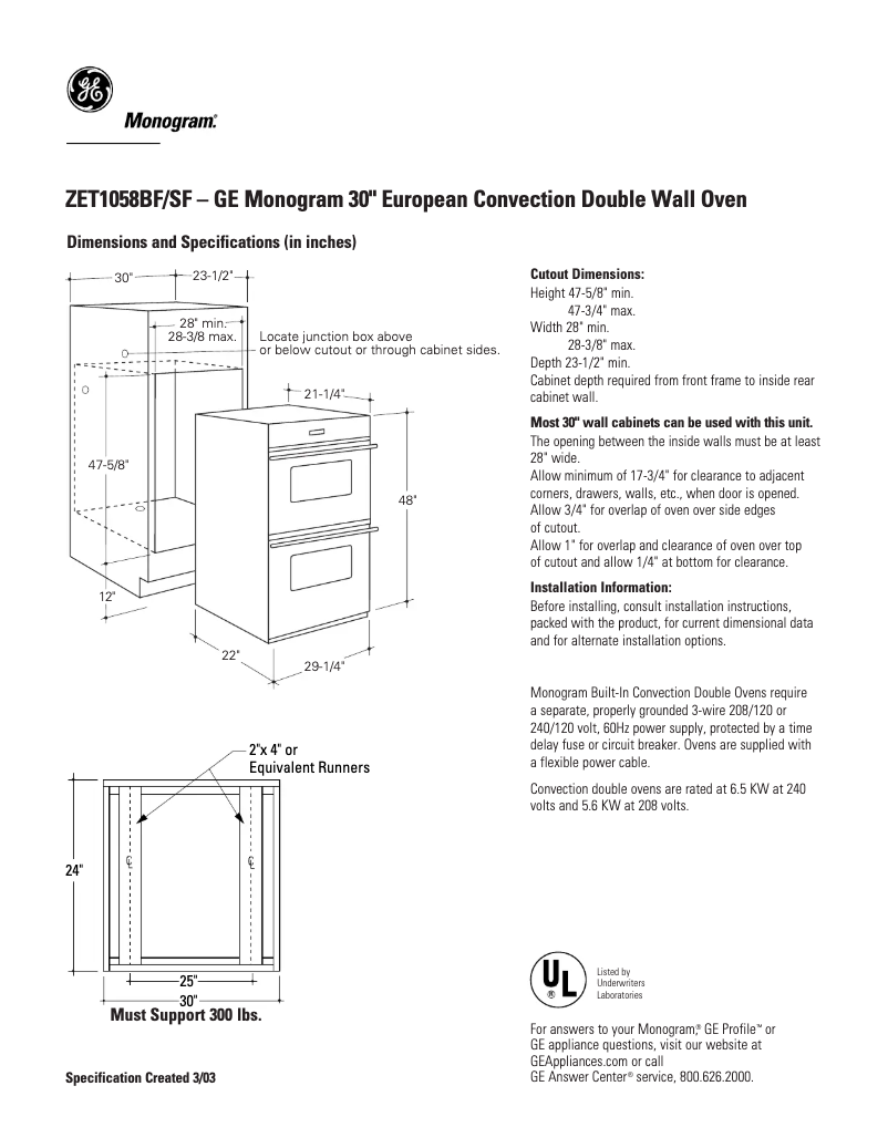 Page n°1 - Fiche technique GE ZET1058SFSS