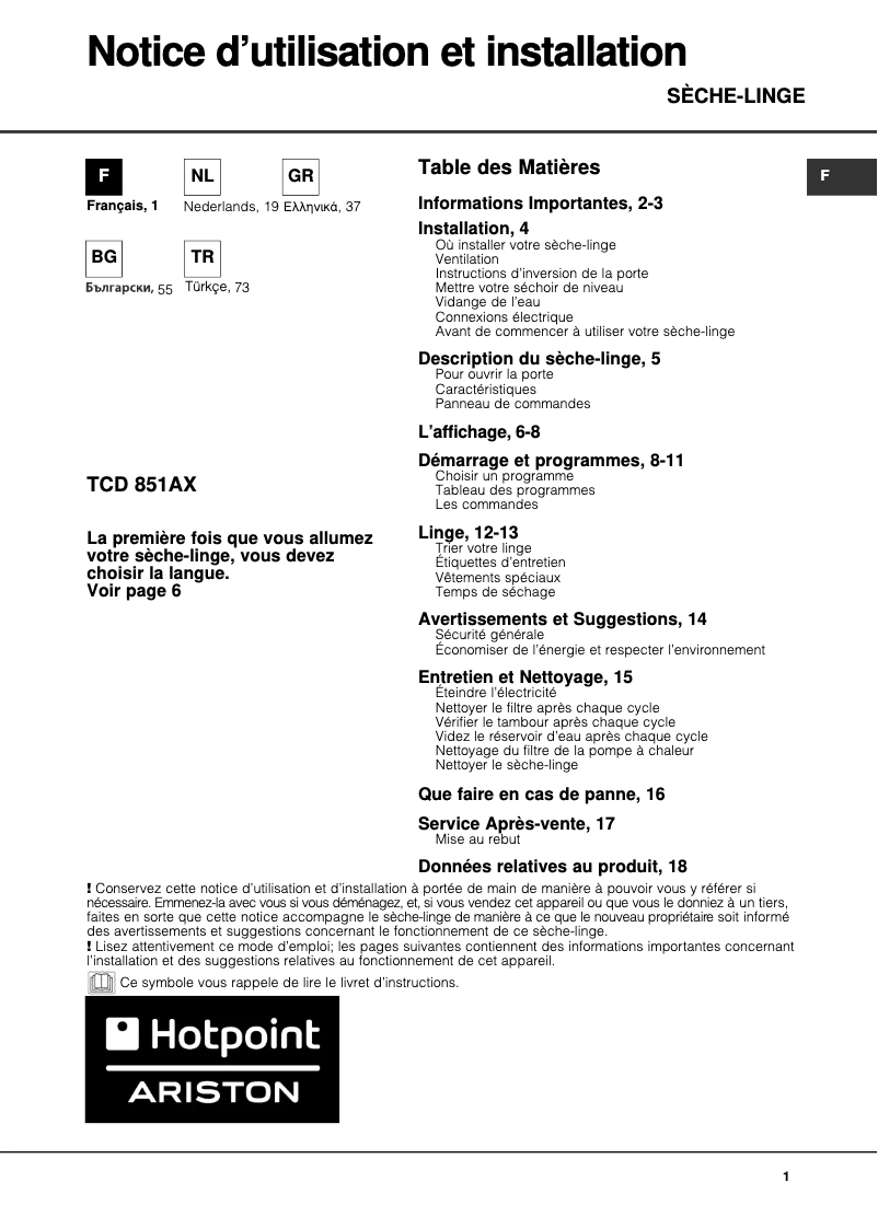 Page n°1 - Manuel utilisateur Hotpoint TCD 851 AX