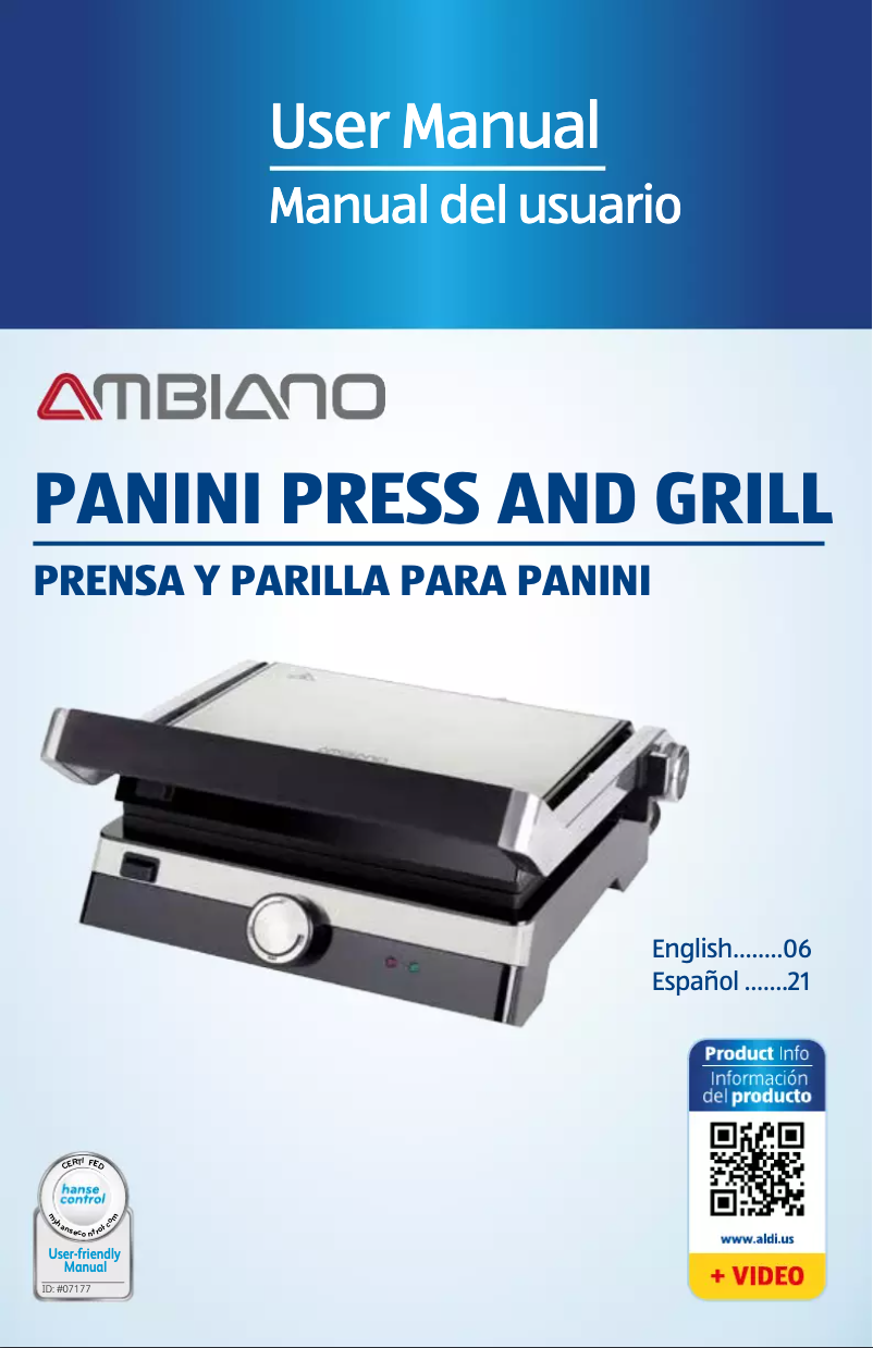 Page 1 of the manual User Manual Ambiano Panini Press and Grill KG6000