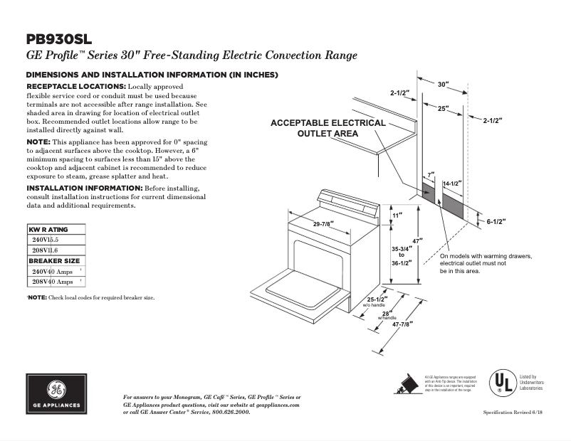 Page n°1 - Fiche technique GE PB930SLSS
