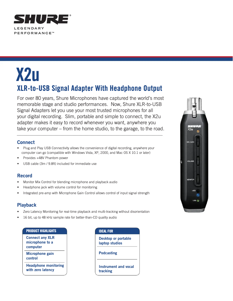 Page 1 de la notice Fiche technique Shure X2u