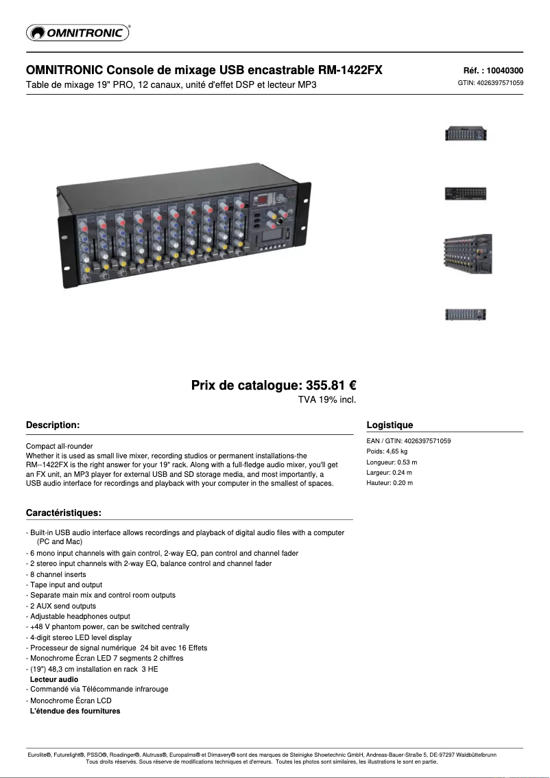 Page 1 de la notice Fiche technique Omnitronic RM-1422FX