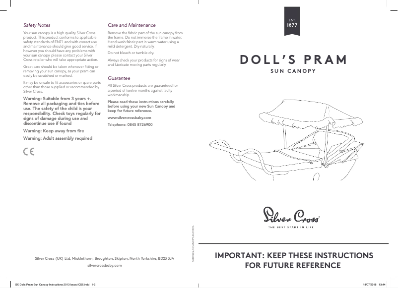 Page 1 de la notice Manuel utilisateur Silver Cross Doll's Pram Sun Canopy