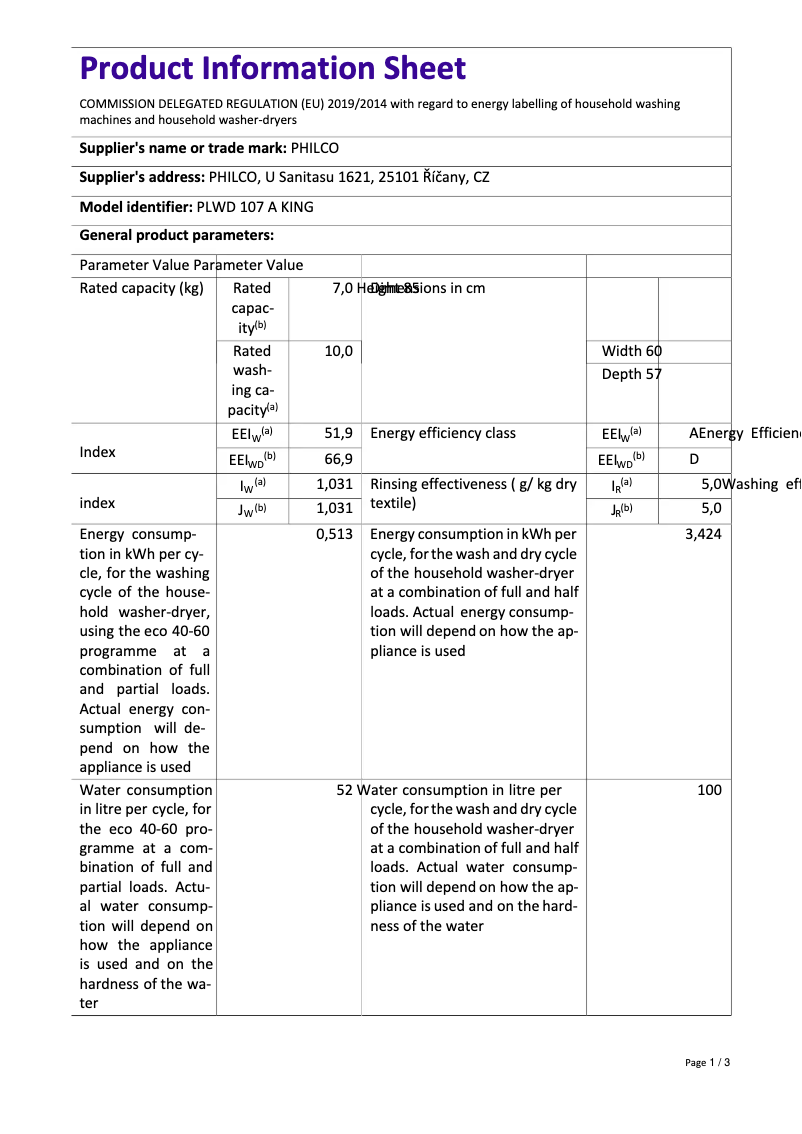 Page 1 de la notice Fiche technique Philco PLWD 107 A King