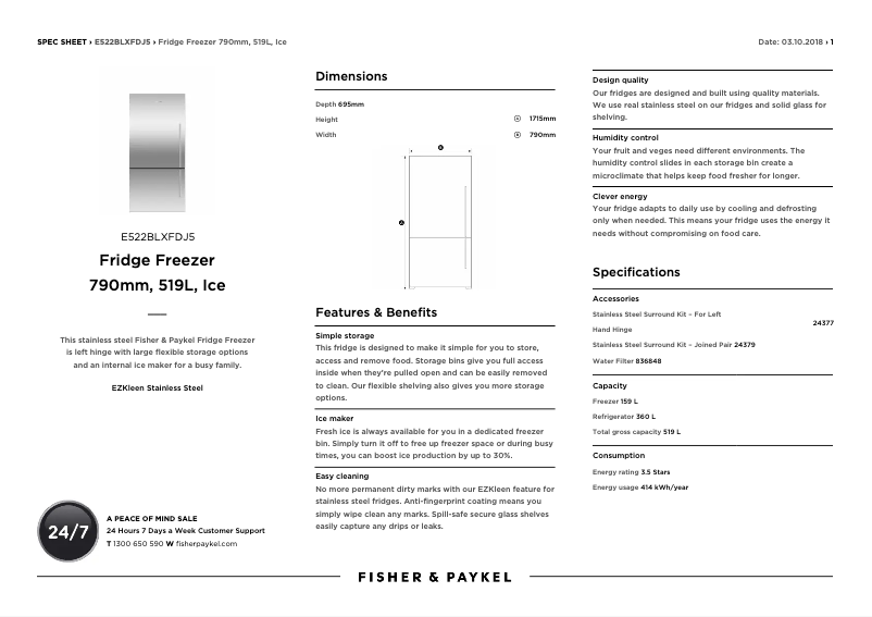 Page n°1 - Fiche technique Fisher & Paykel ActiveSmart E522BLXFDJ5