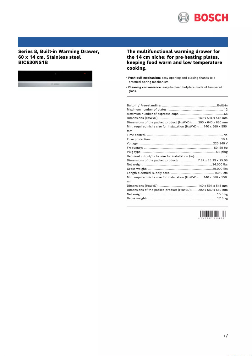 Page 1 de la notice Fiche technique Bosch BIC630NS1B