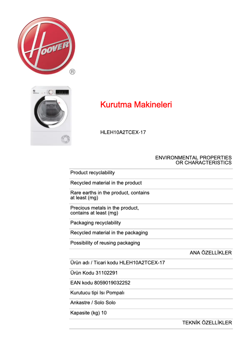 Page 1 de la notice Fiche technique Hoover HLEH10A2TCEX-17