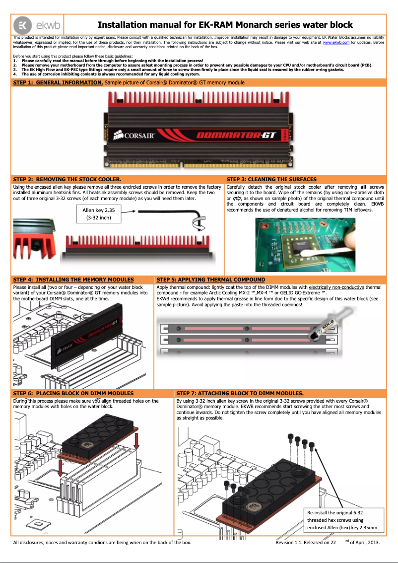 Page 1 de la notice Manuel utilisateur EK Water Blocks EK-RAM Monarch X4