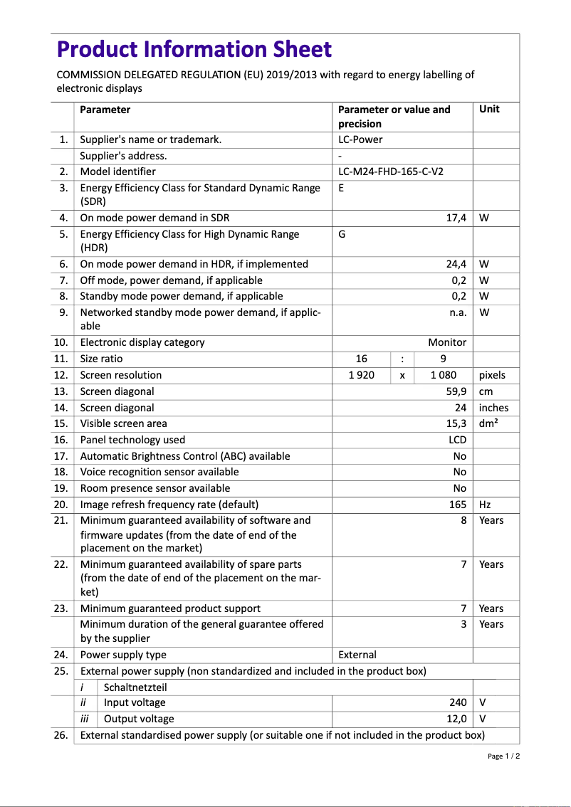 Page 1 de la notice Fiche technique LC-Power LC-M24-FHD-165-C-V2