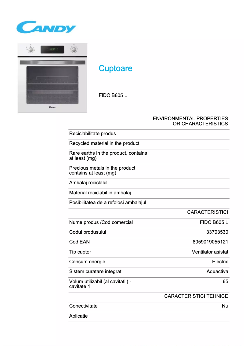 Page n°1 - Fiche technique Candy FIDC B605 L