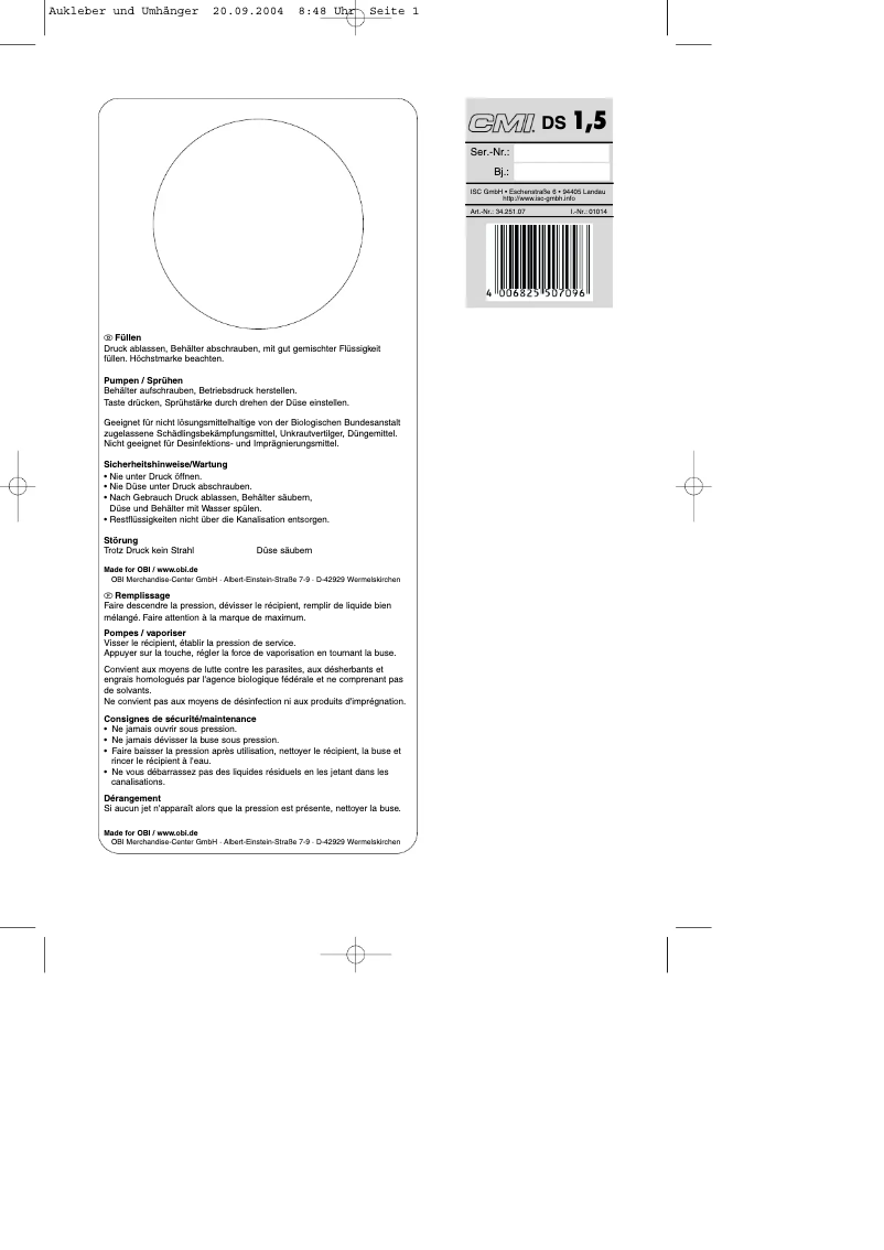 Page 1 de la notice Manuel utilisateur CMI DS 1,5