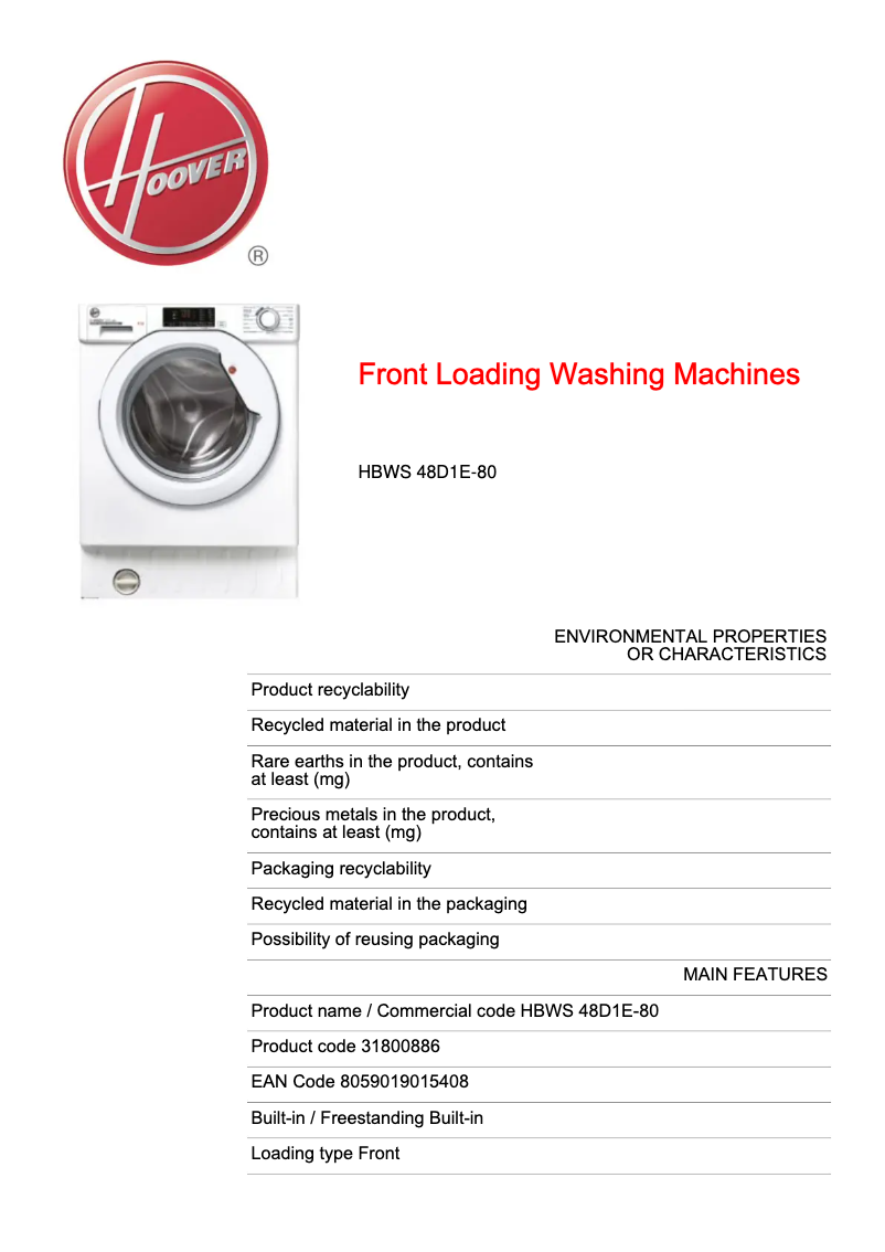 Page 1 de la notice Fiche technique Hoover H-WASH 300 LITE HBWS 48D1E-80