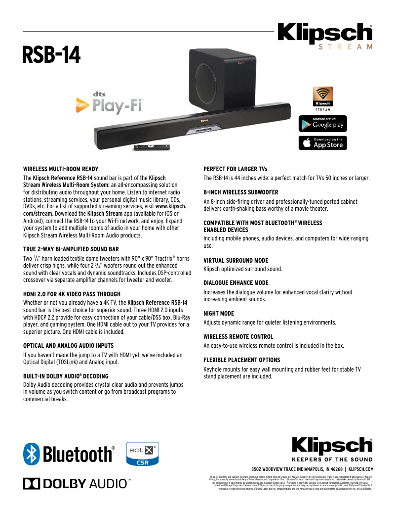 Page 1 de la notice Fiche technique Klipsch RSB-14