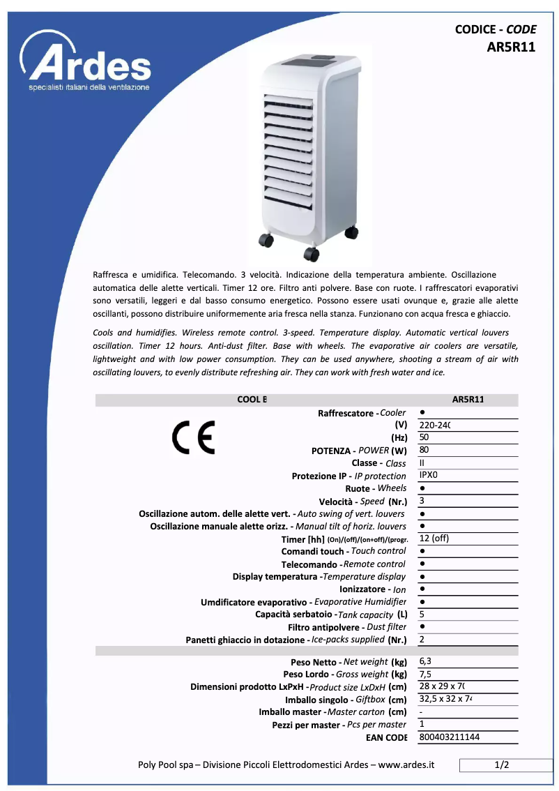 Page 1 de la notice Fiche technique Ardes AR5R11