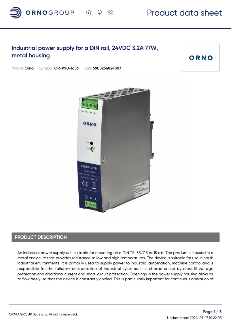 Page 1 of the manual Technical Sheet ORNO OR-PSU-1656