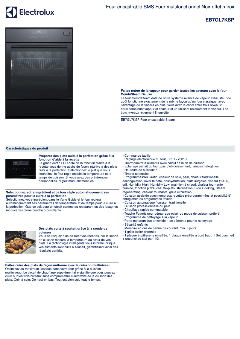 Page 1 de la notice Fiche technique Electrolux EB7GL7KSP