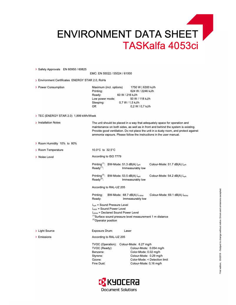Page 1 de la notice Fiche technique Kyocera TASKalfa 4053ci