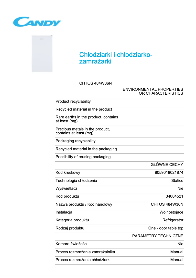 Image de la première page du manuel de l'appareil CHTOS 484W36N