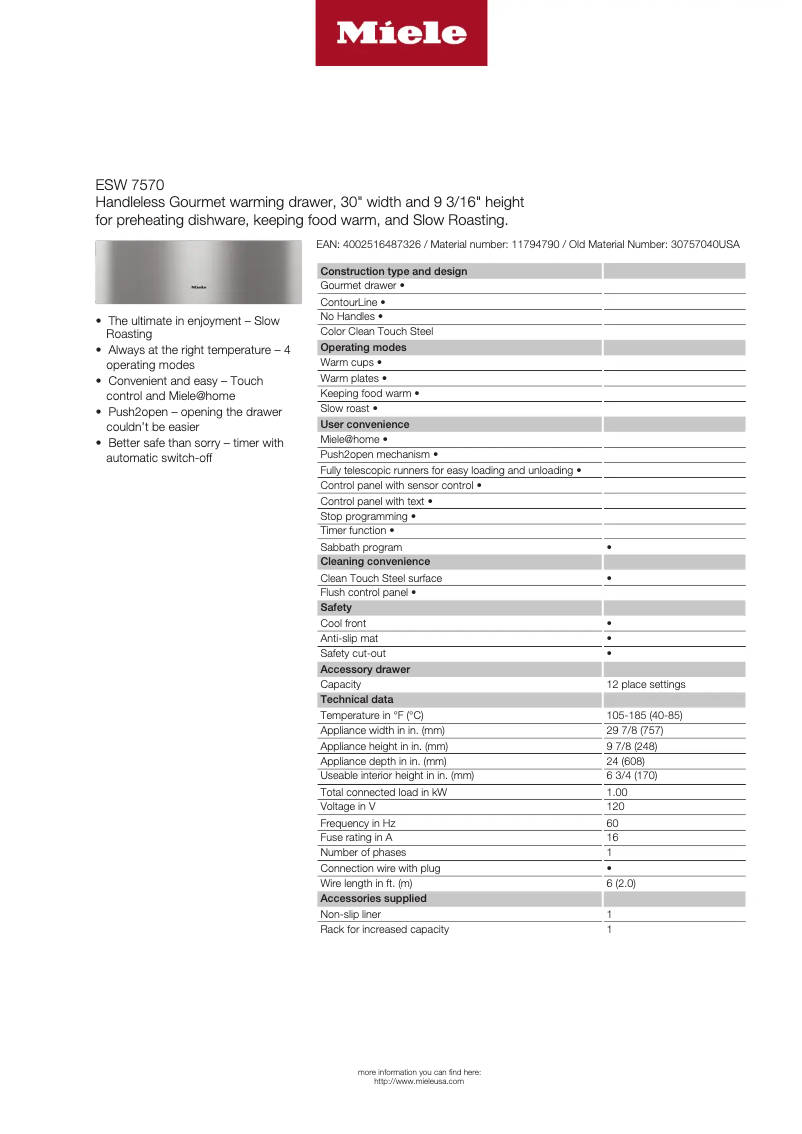Page n°1 - Fiche technique Miele ESW 7570