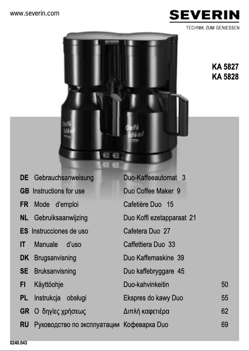 Page 1 de la notice Manuel utilisateur Severin KA 5828 Duo
