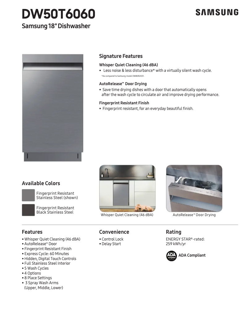 Page 1 de la notice Fiche technique Samsung DW50T6060UG