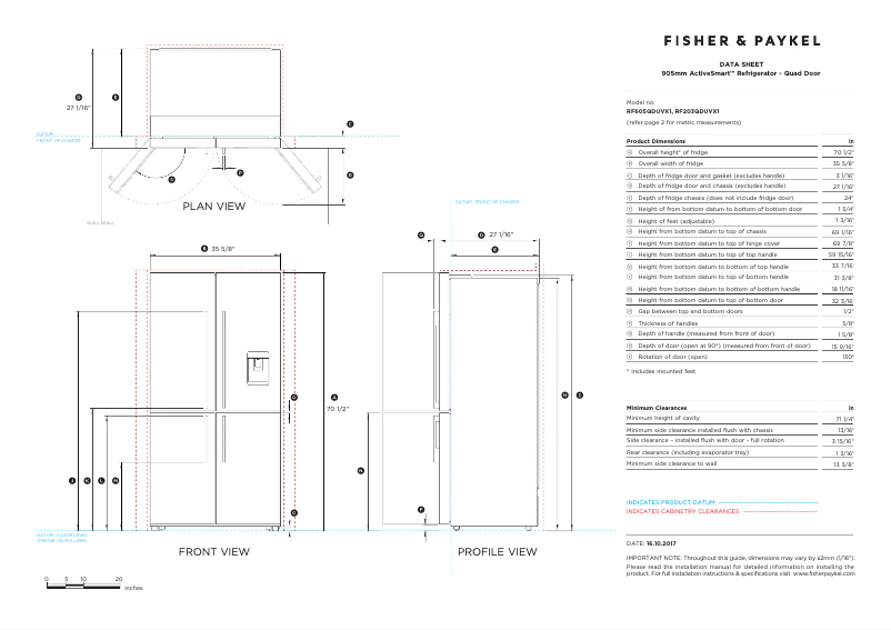 Page 1 de la notice Fiche technique Fisher & Paykel RF605QDUVX2