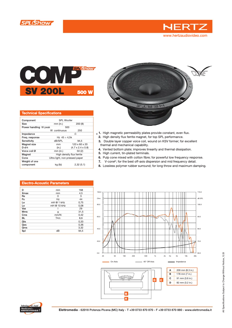 Page 1 de la notice Fiche technique Hertz SPL Show SV 200L