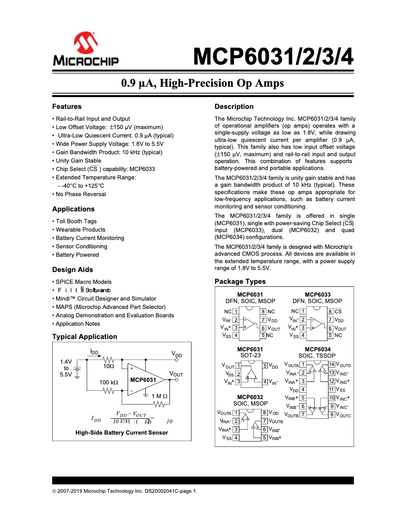 Página 1 del manual Ficha técnica Microchip MCP6031