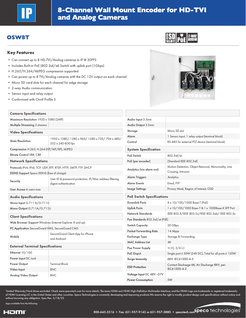 Page 1 de la notice Fiche technique Speco Technologies OSW8T