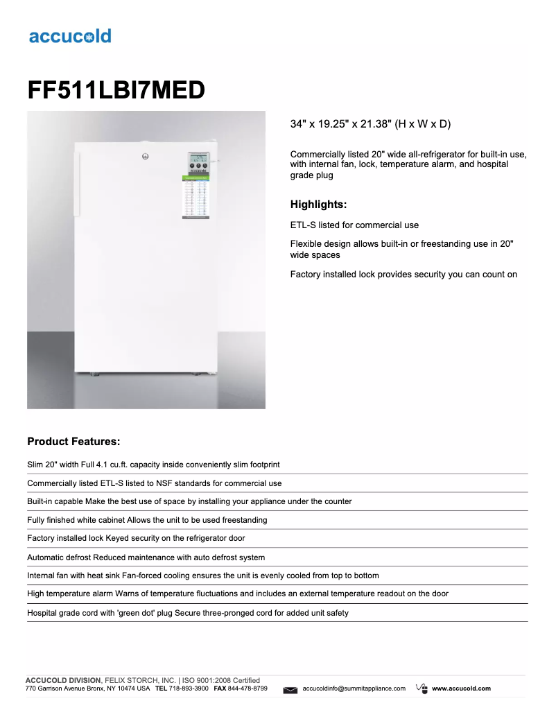 Image de la première page du manuel de l'appareil Accucold FF511LBI7MED