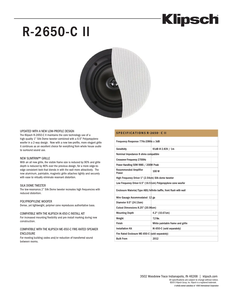 Page 1 de la notice Fiche technique Klipsch R-2650-C II