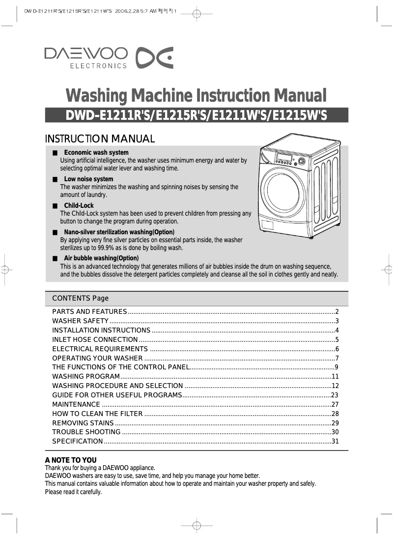 Page 1 de la notice Manuel utilisateur Daewoo DWD-E1211W