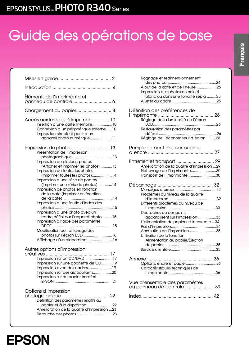 Page 1 de la notice Manuel utilisateur Epson Stylus Photo R340
