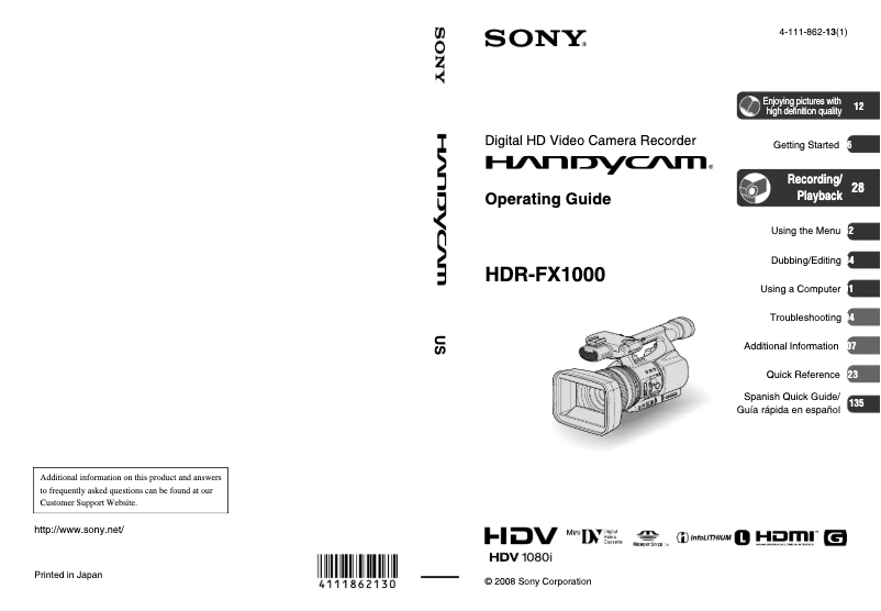 Image de la première page du manuel de l'appareil HDR-FX1000