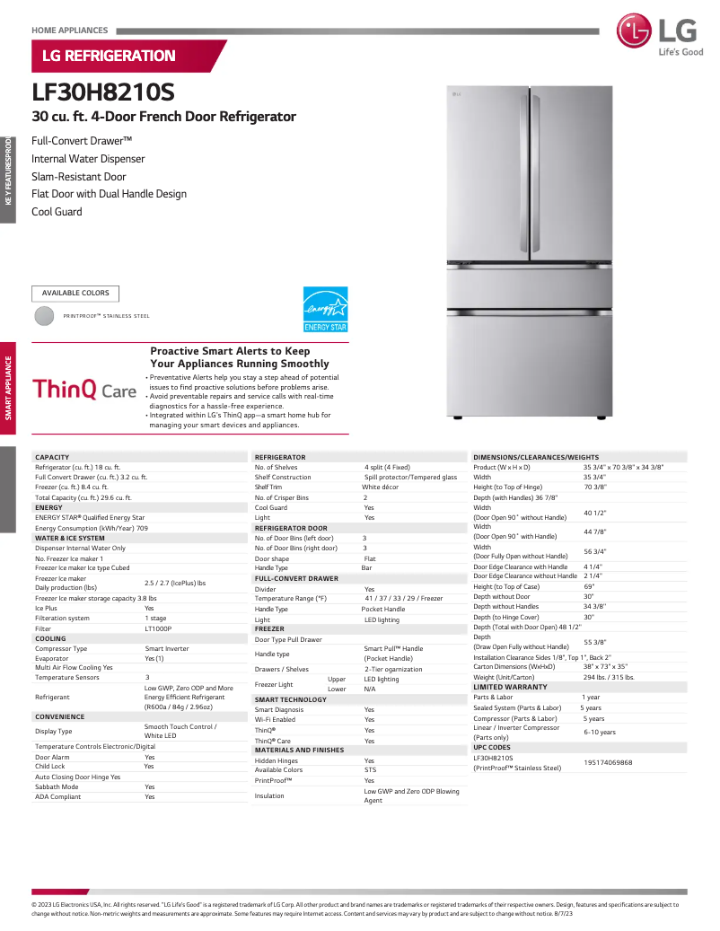 Page 1 de la notice Fiche technique LG LF30H8210S