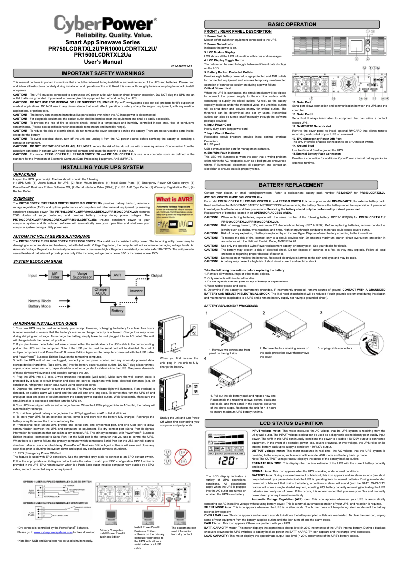 Page 1 de la notice Manuel utilisateur CyberPower PR1500LCDRTXL2Ua