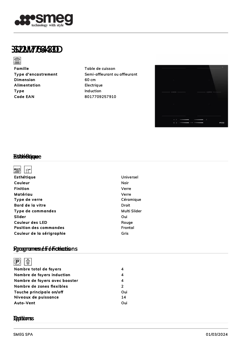 Page 1 de la notice Fiche technique Smeg SI2M7643D