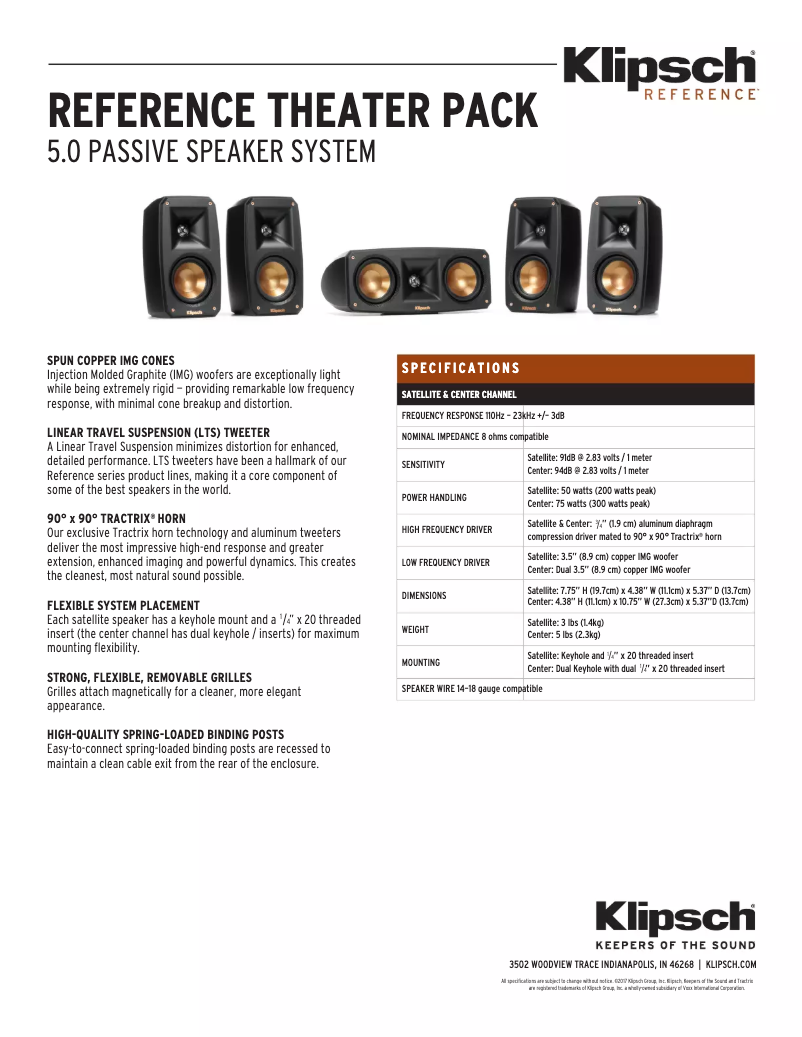 Page 1 de la notice Fiche technique Klipsch Reference Theater 5.0