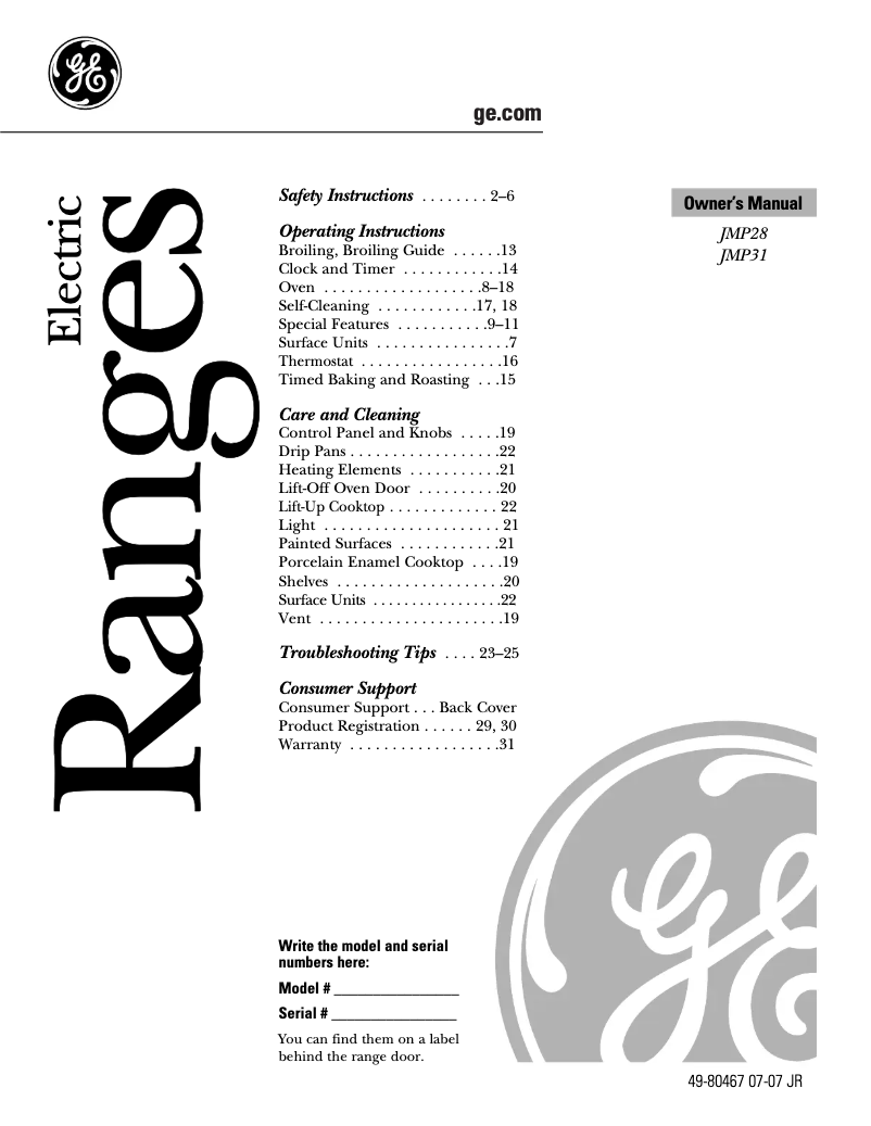 Page n°1 - Manuel d'utilisation et d'entretien GE JMP28BCAD