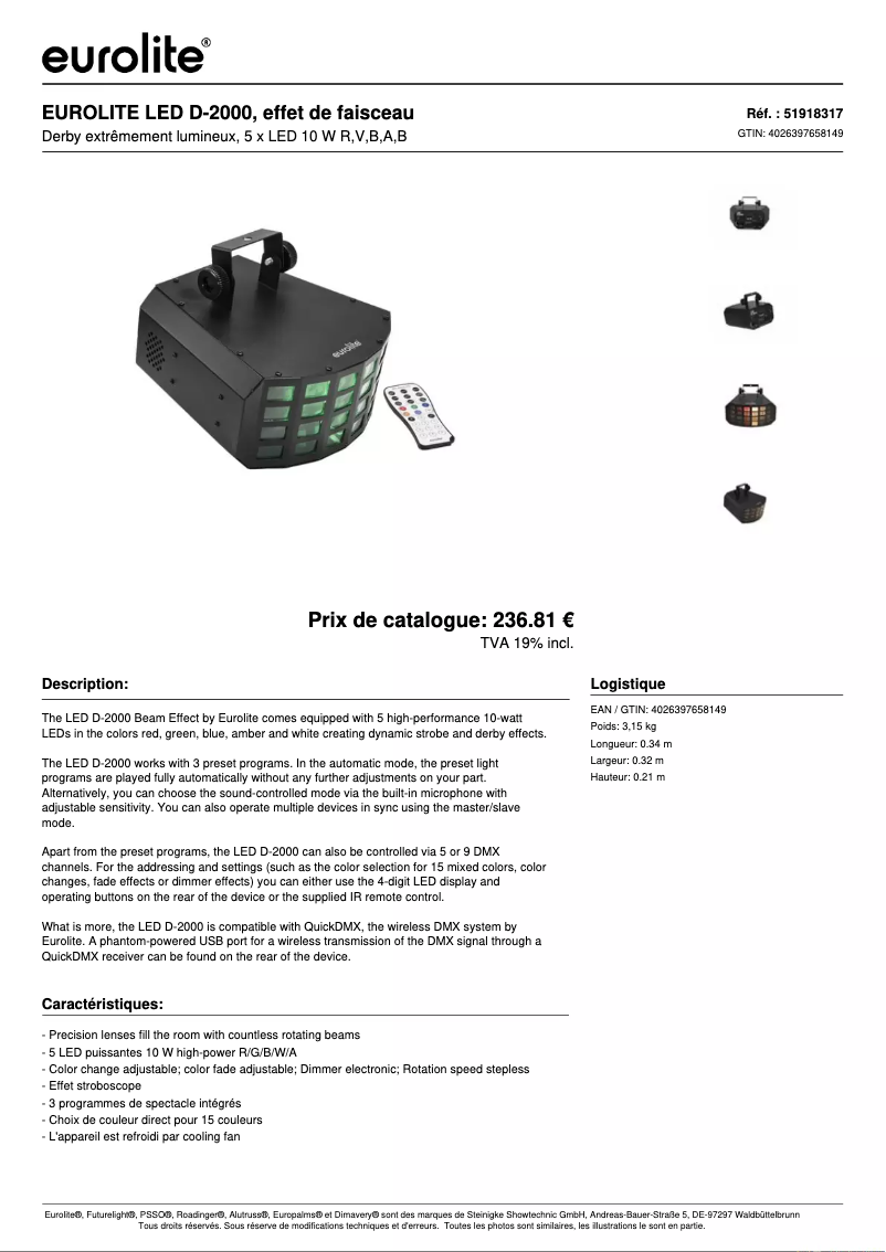 Page 1 de la notice Fiche technique Eurolite LED D-2000
