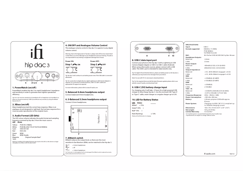 Page 1 de la notice Manuel utilisateur iFi Audio hip-dac3