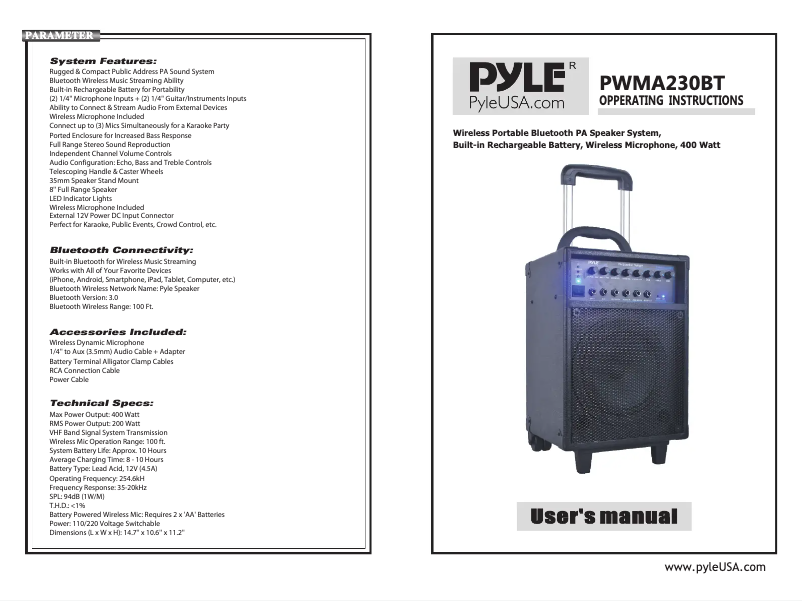 Page 1 de la notice Manuel utilisateur Pyle PWMA230BT