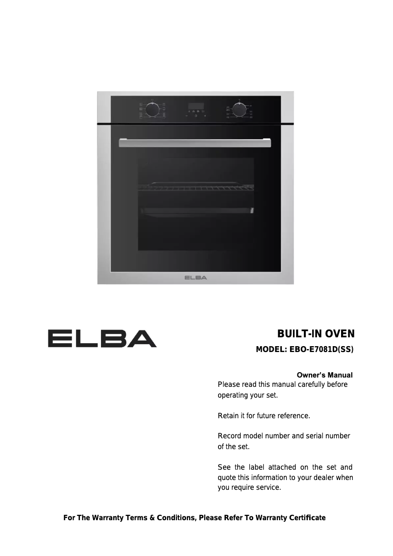 Page 1 de la notice Manuel utilisateur Elba EBO-E7081D(SS)